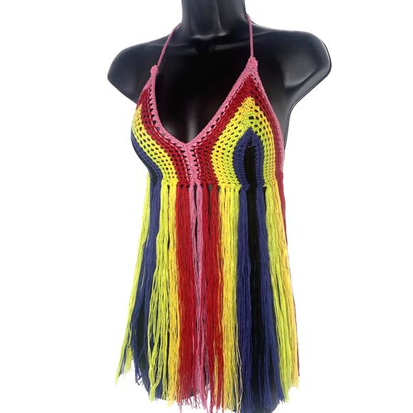 NWT Rainbow Small Knit Crochet Fringe Backless Halter Top Blouse - Picture 2 of 4